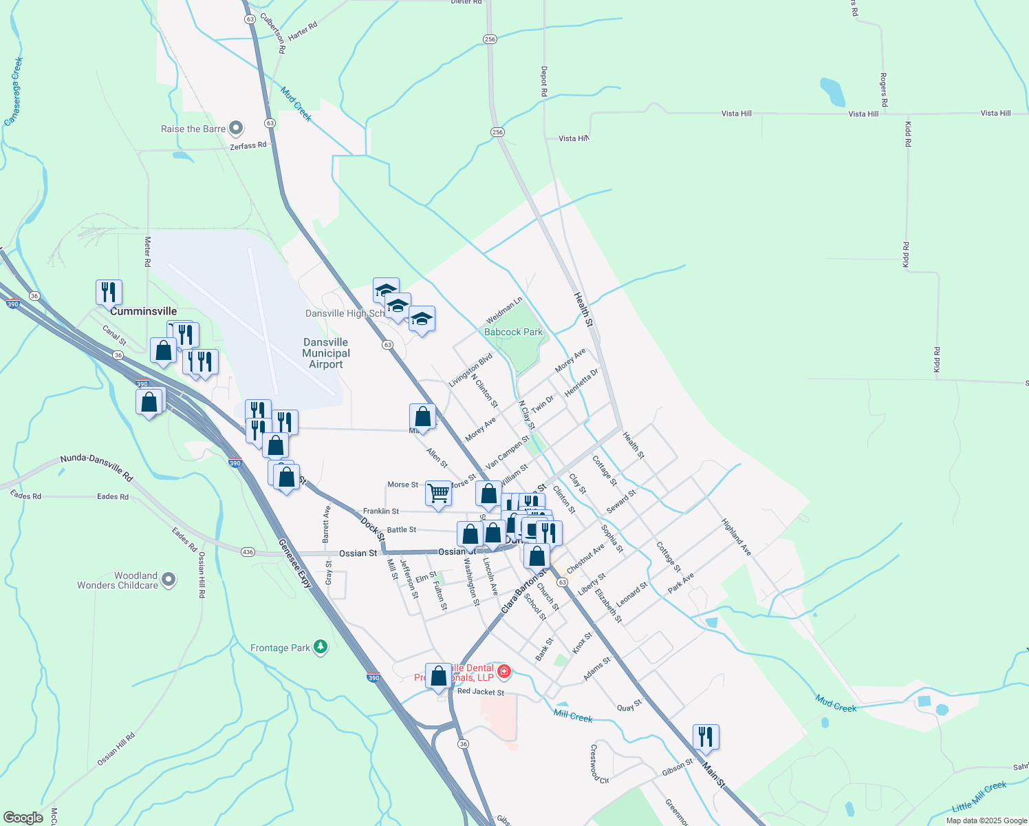 map of restaurants, bars, coffee shops, grocery stores, and more near 22 Morey Avenue in Dansville