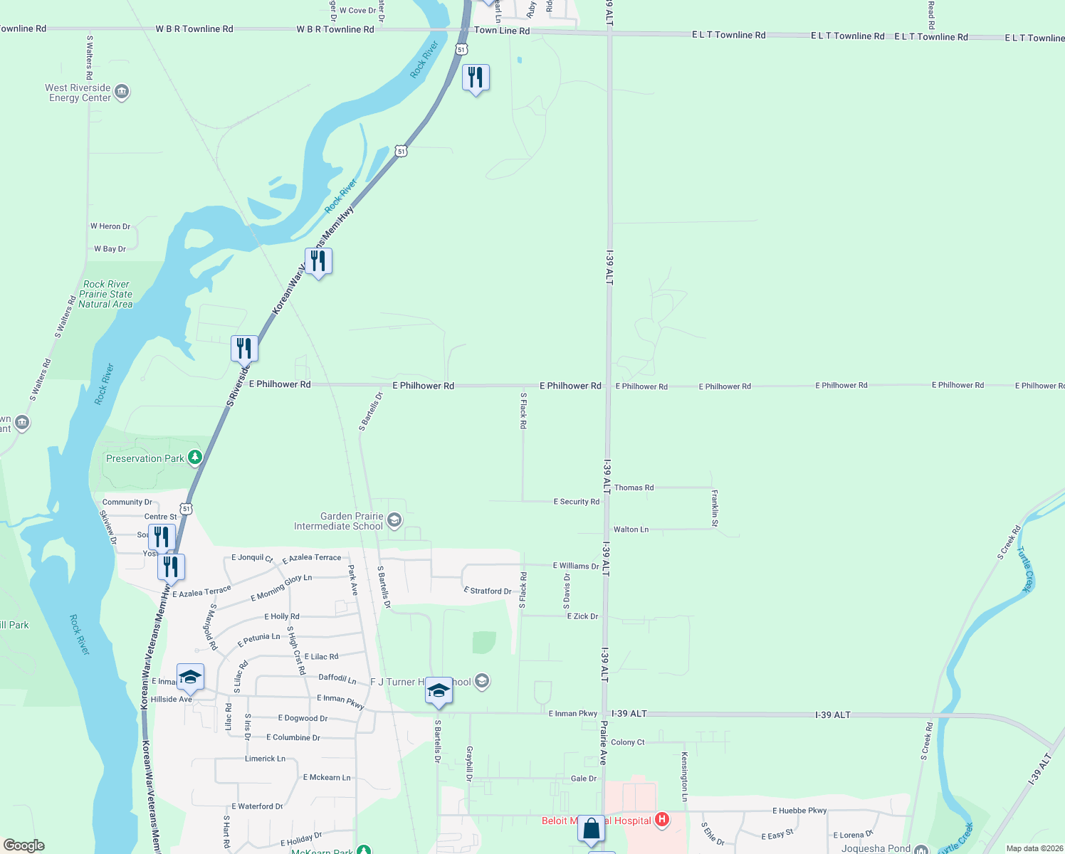 map of restaurants, bars, coffee shops, grocery stores, and more near 3441 South Flack Road in Beloit