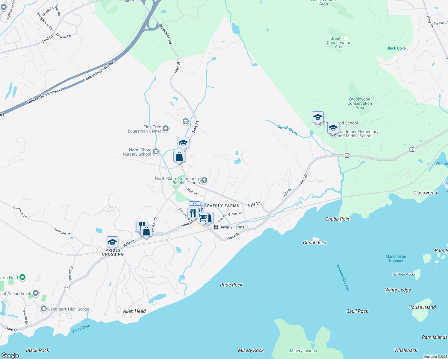 map of restaurants, bars, coffee shops, grocery stores, and more near 804 Hale Street in Beverly