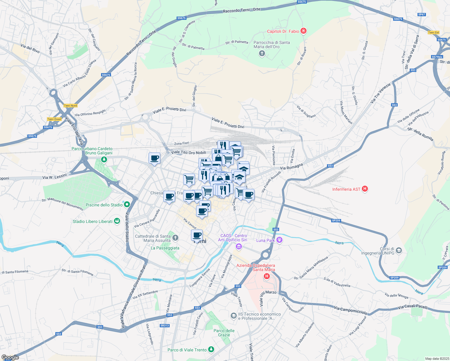 map of restaurants, bars, coffee shops, grocery stores, and more near 4 Via Aulo Pompeo in Terni