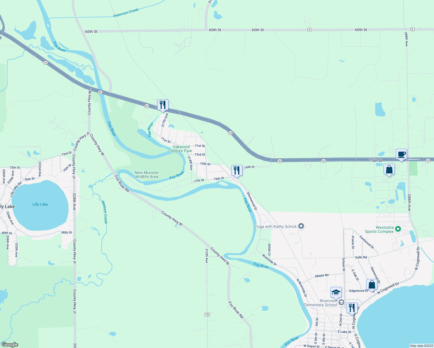 map of restaurants, bars, coffee shops, grocery stores, and more near 31031 75th Place in Salem