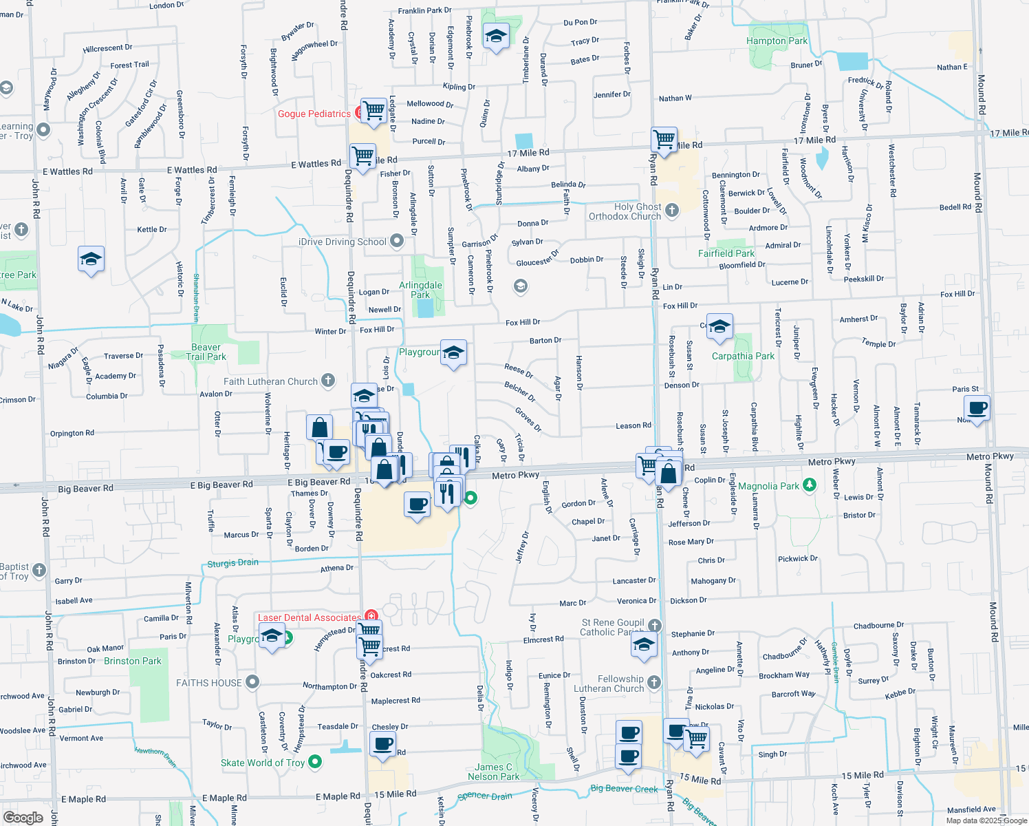 map of restaurants, bars, coffee shops, grocery stores, and more near 2944 Groves Drive in Sterling Heights