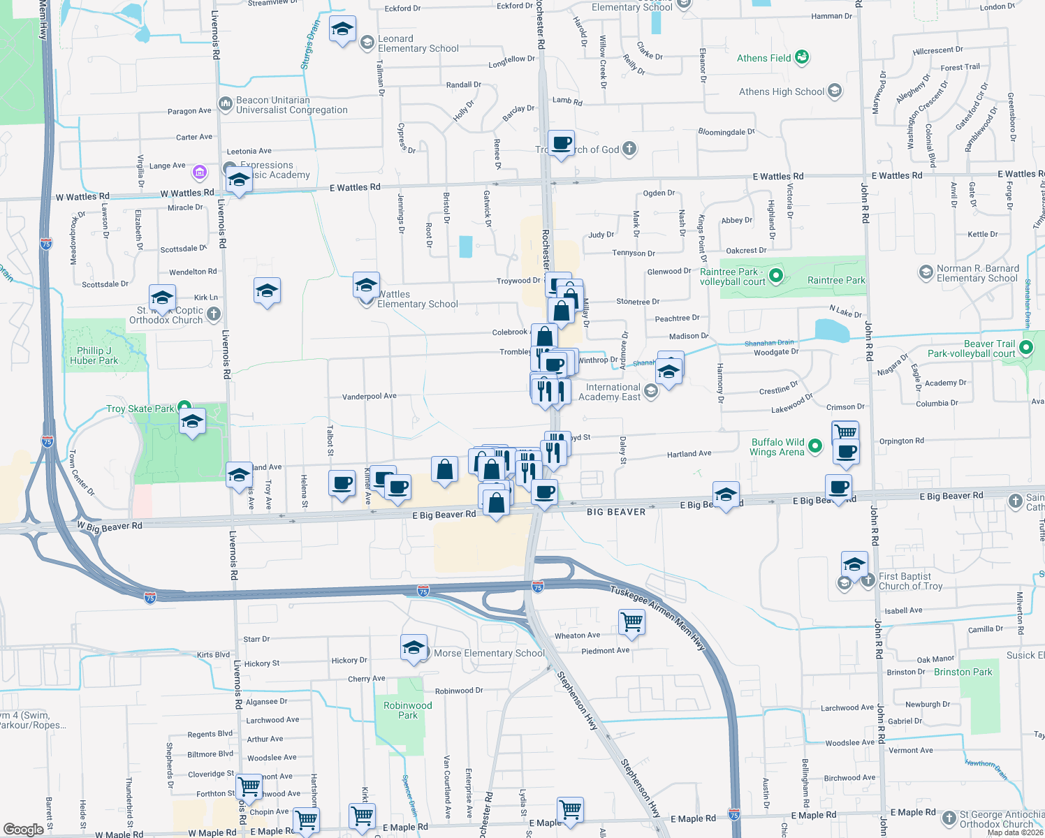 map of restaurants, bars, coffee shops, grocery stores, and more near 935 Harris Drive in Troy