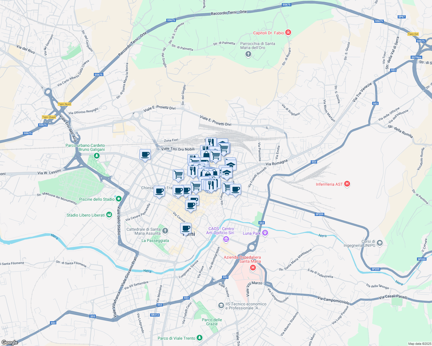 map of restaurants, bars, coffee shops, grocery stores, and more near 4 Via Aulo Pompeo in Terni