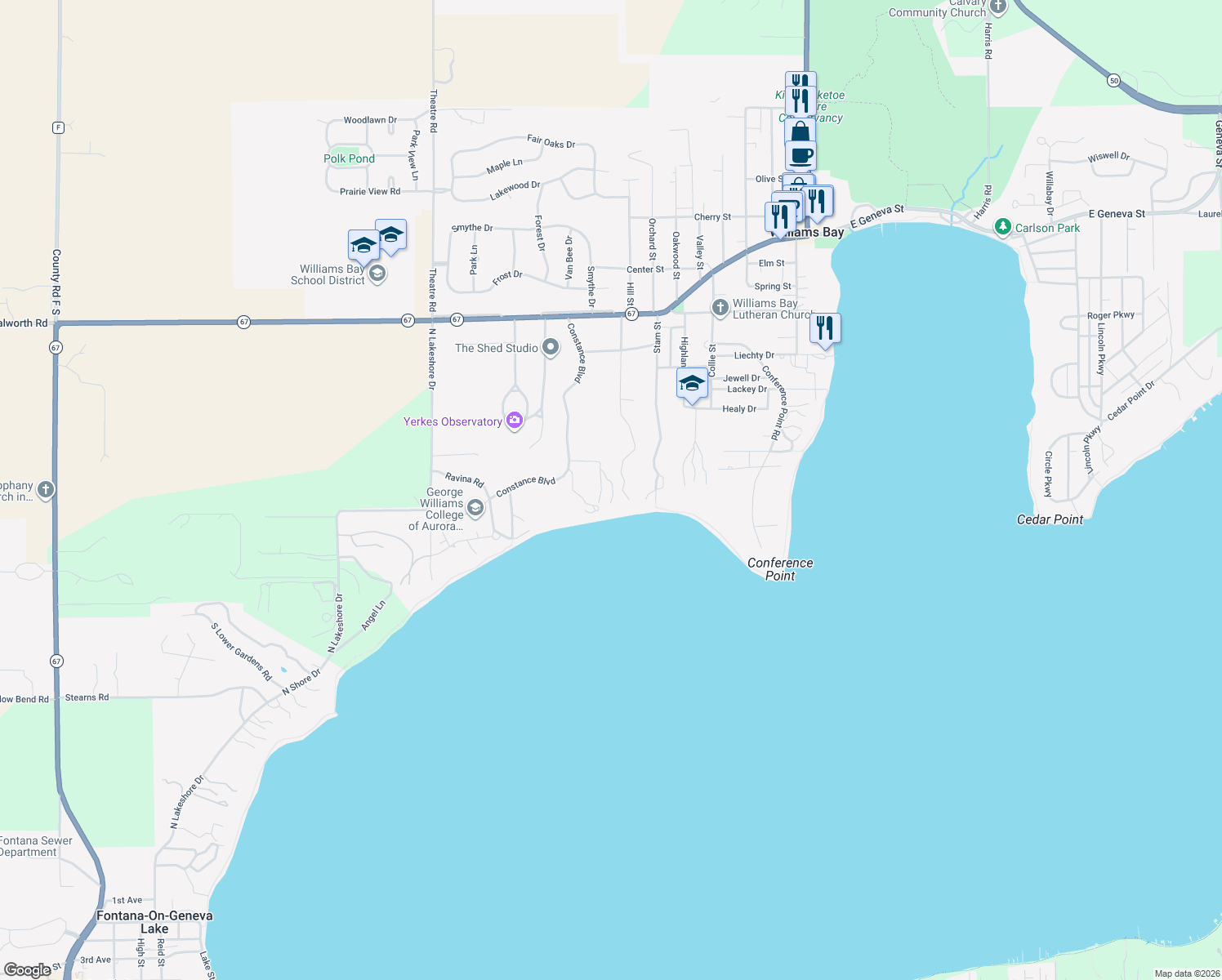 map of restaurants, bars, coffee shops, grocery stores, and more near 249 Constance Boulevard in Williams Bay
