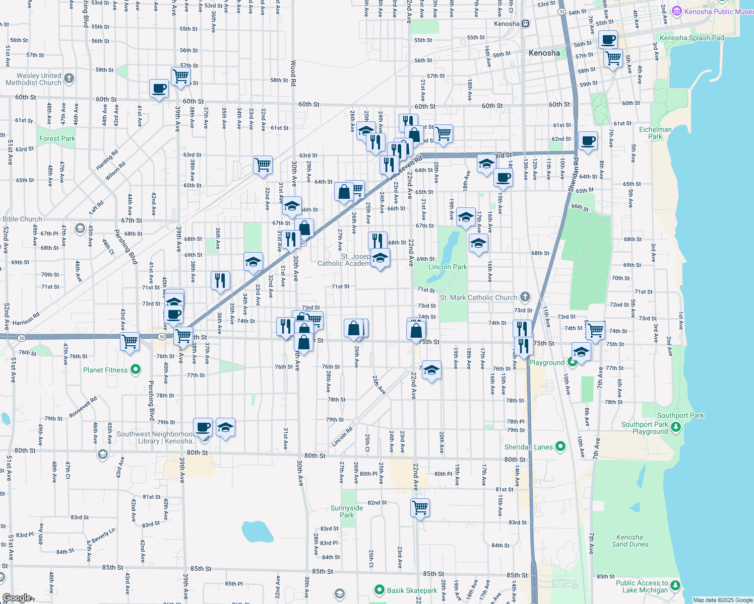 map of restaurants, bars, coffee shops, grocery stores, and more near 2418 73rd St in Kenosha
