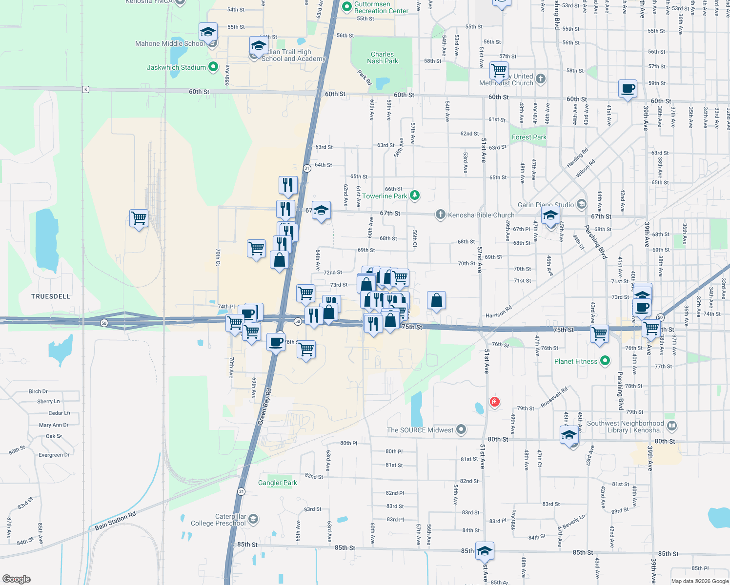map of restaurants, bars, coffee shops, grocery stores, and more near 10222 74th Street in Kenosha