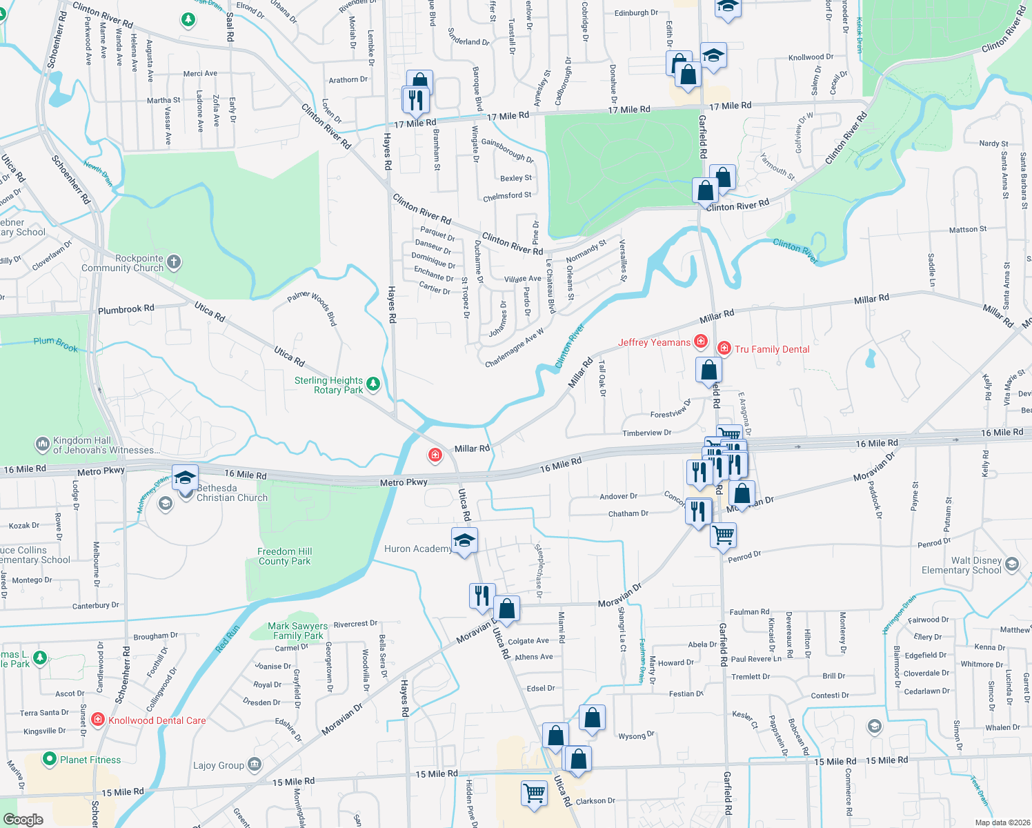 map of restaurants, bars, coffee shops, grocery stores, and more near 15851 Millar Road in Charter Township of Clinton