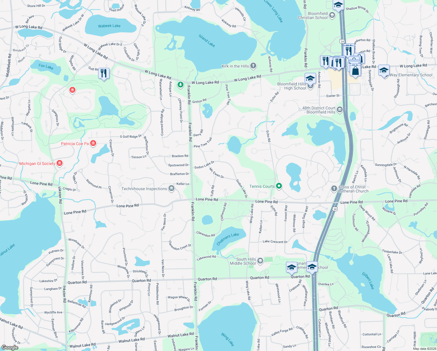 map of restaurants, bars, coffee shops, grocery stores, and more near 4661 Mc Ewen Drive in Bloomfield Township