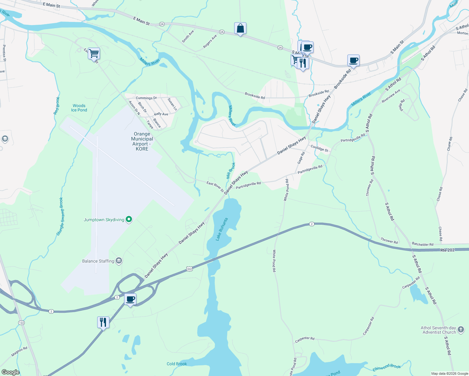 map of restaurants, bars, coffee shops, grocery stores, and more near 1023 Partridgeville Road in Athol