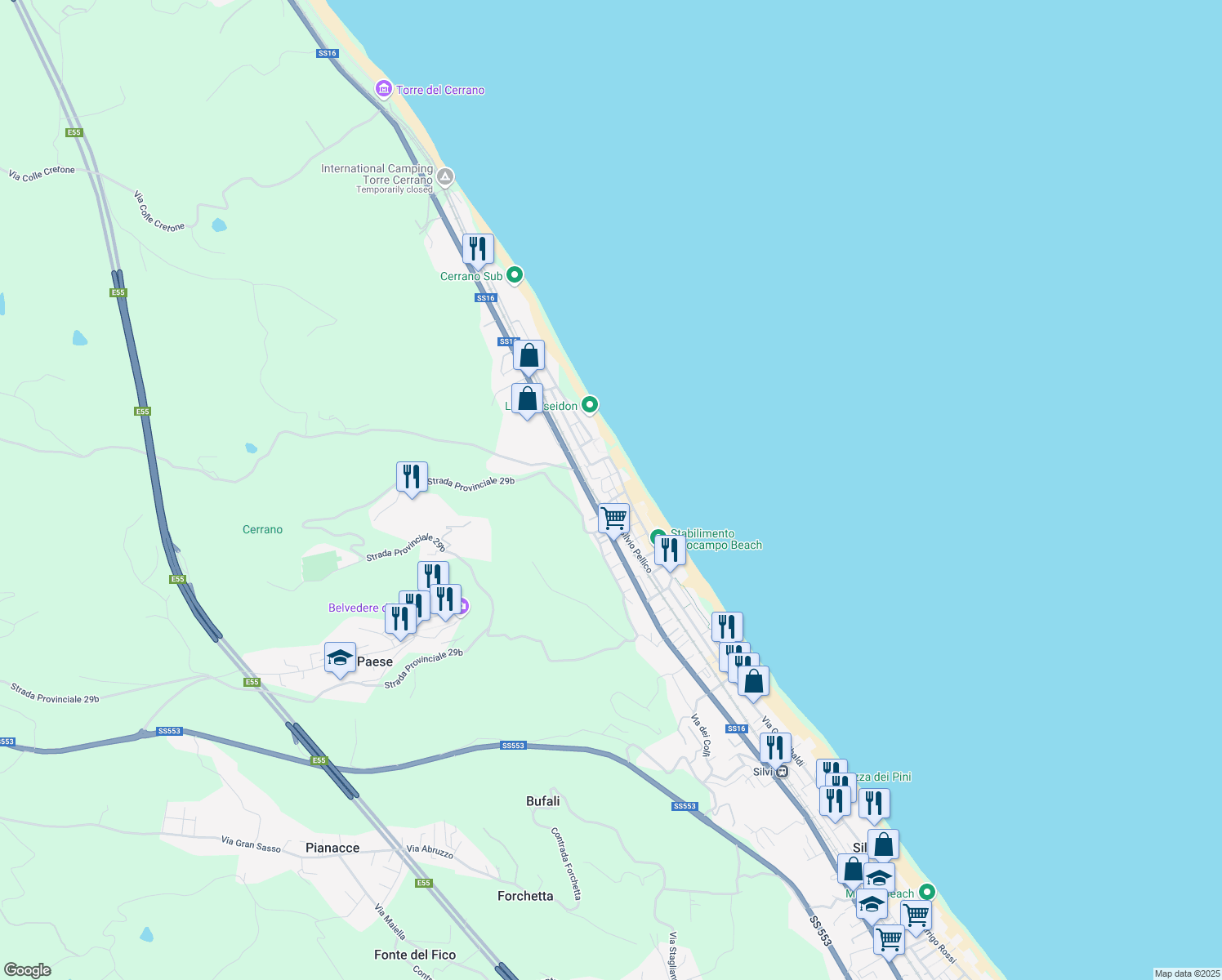map of restaurants, bars, coffee shops, grocery stores, and more near 121 Via Taranto in Silvi