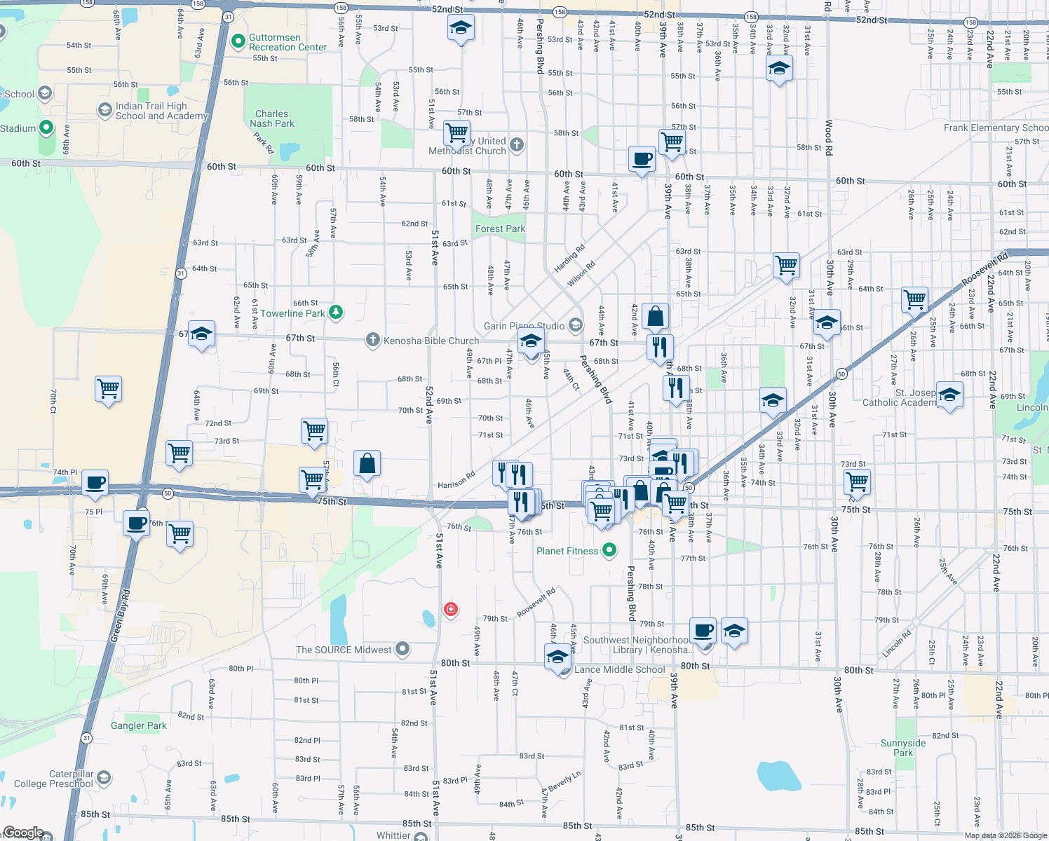 map of restaurants, bars, coffee shops, grocery stores, and more near 7008 46th Avenue in Kenosha