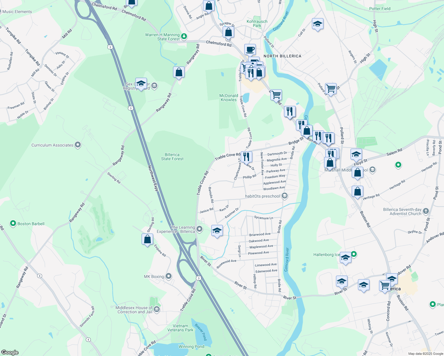 map of restaurants, bars, coffee shops, grocery stores, and more near 7 Baniulis Road in Billerica