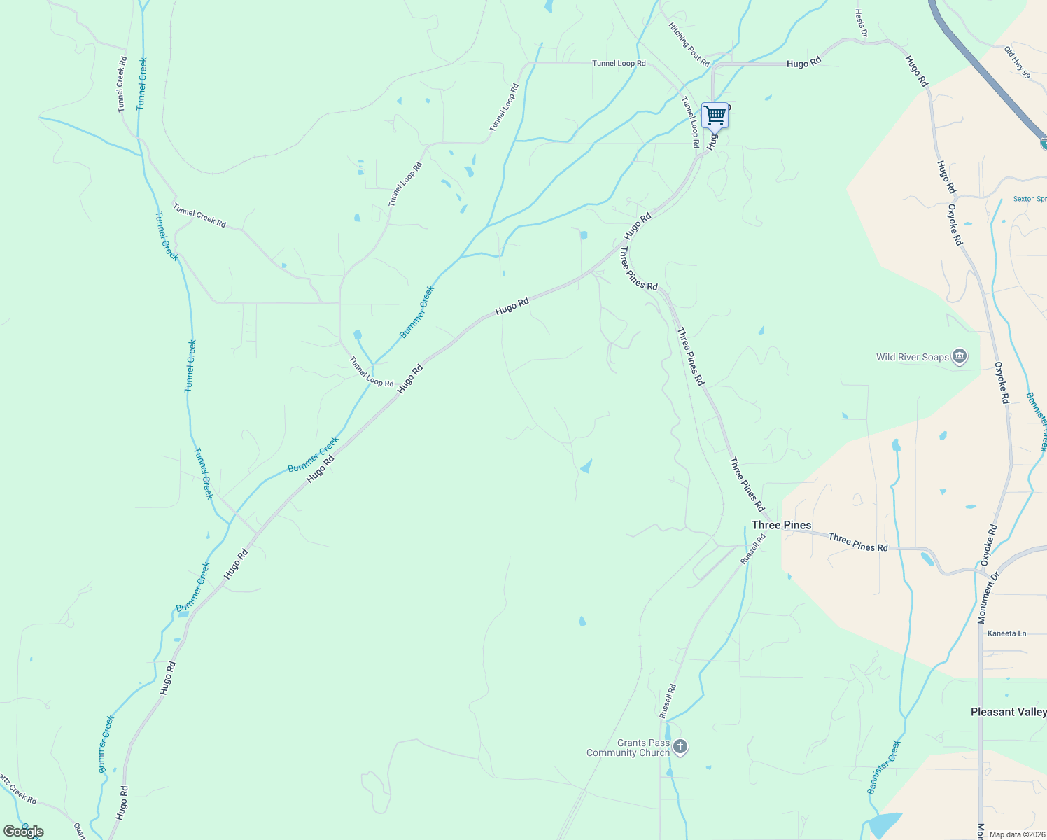 map of restaurants, bars, coffee shops, grocery stores, and more near 5451 Hugo Road in Grants Pass