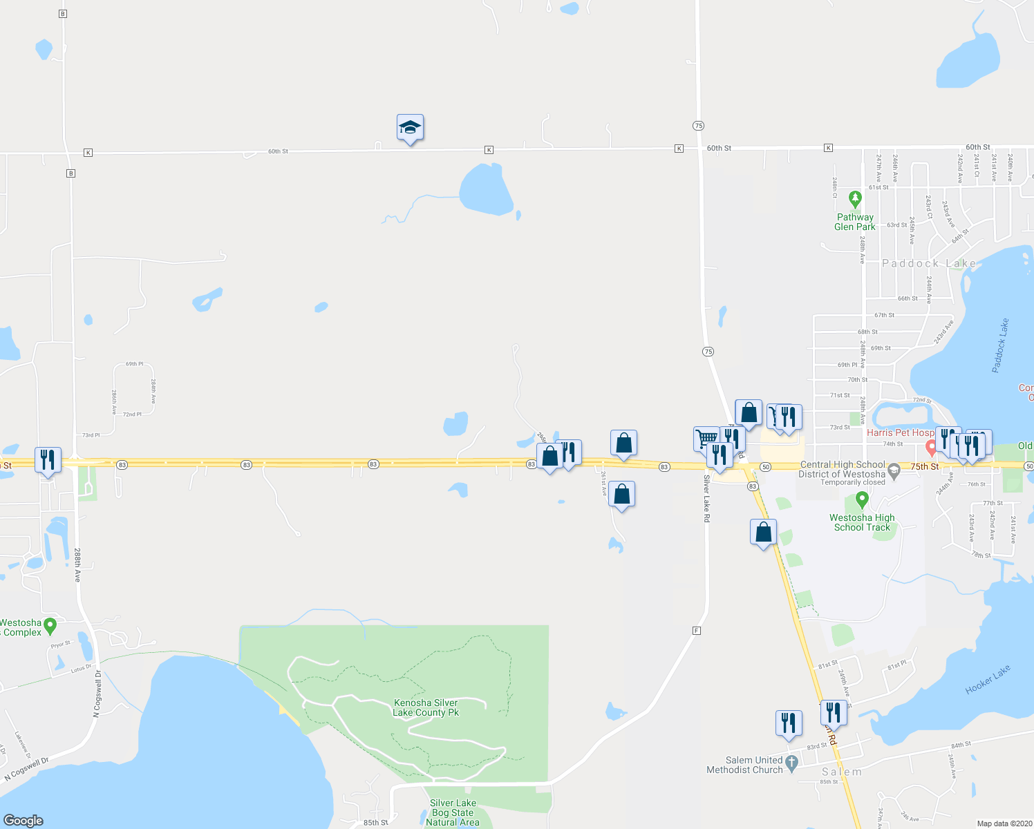 map of restaurants, bars, coffee shops, grocery stores, and more near 7310 265th Avenue in Salem