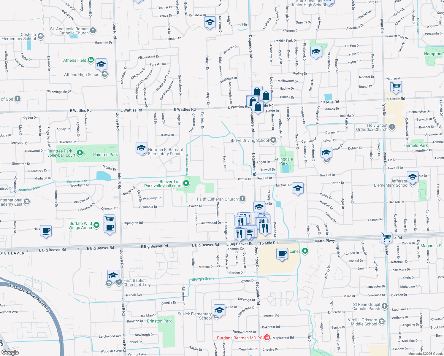map of restaurants, bars, coffee shops, grocery stores, and more near 3555 Euclid Drive in Troy