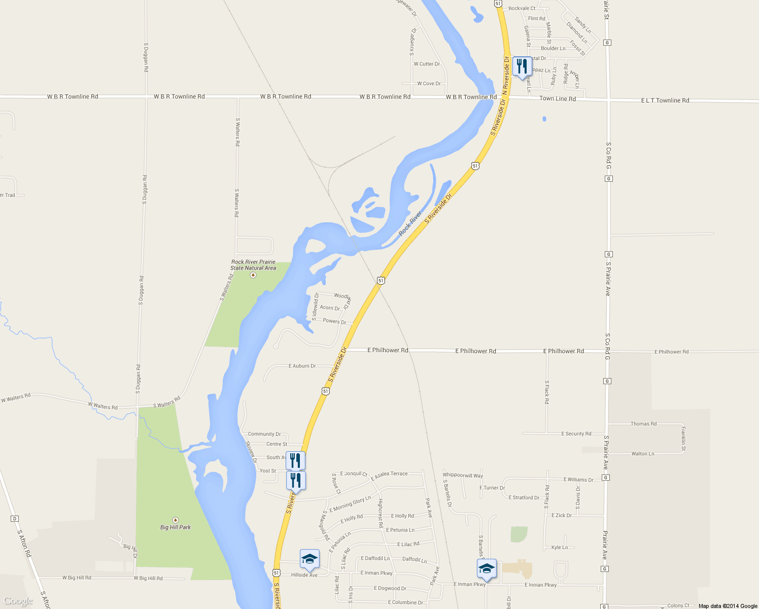 map of restaurants, bars, coffee shops, grocery stores, and more near 3587 S Riverside Dr in Beloit