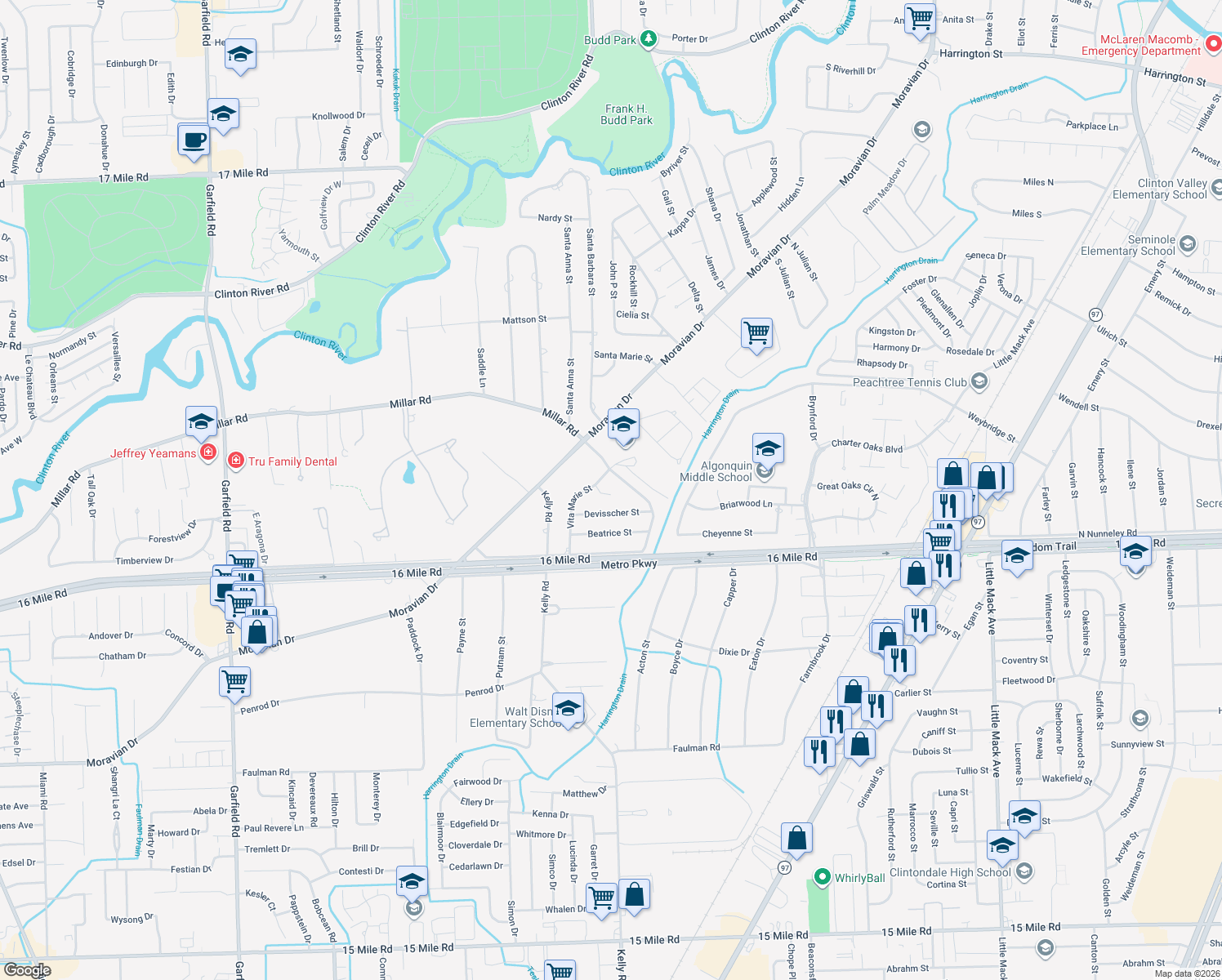 map of restaurants, bars, coffee shops, grocery stores, and more near 18639 Gina Court in Charter Township of Clinton