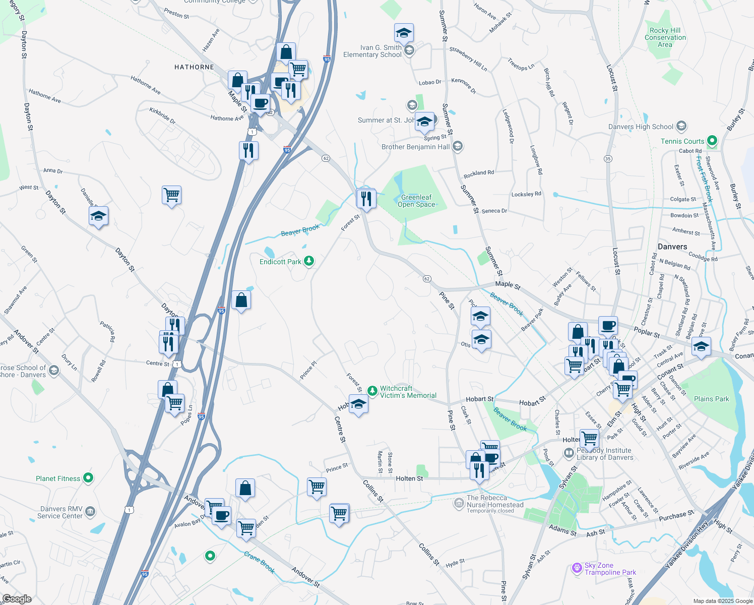 map of restaurants, bars, coffee shops, grocery stores, and more near 19 Bayberry Road in Danvers