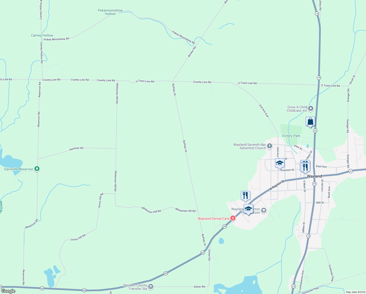map of restaurants, bars, coffee shops, grocery stores, and more near 11745 Buffalo St in Wayland