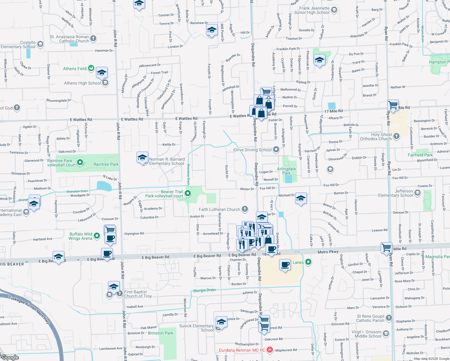 map of restaurants, bars, coffee shops, grocery stores, and more near 3555 Euclid Drive in Troy