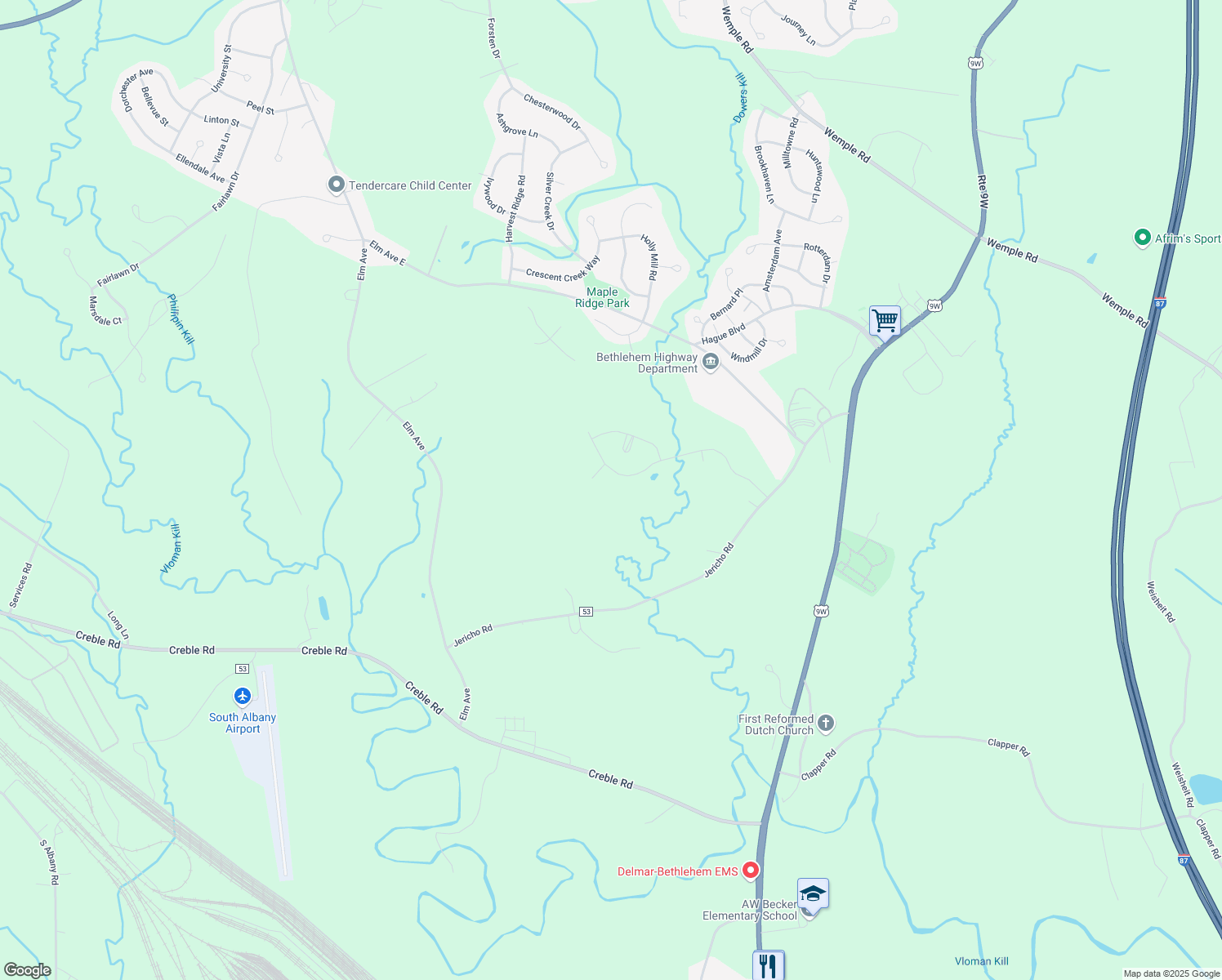 map of restaurants, bars, coffee shops, grocery stores, and more near 102 Bridle Path in Selkirk