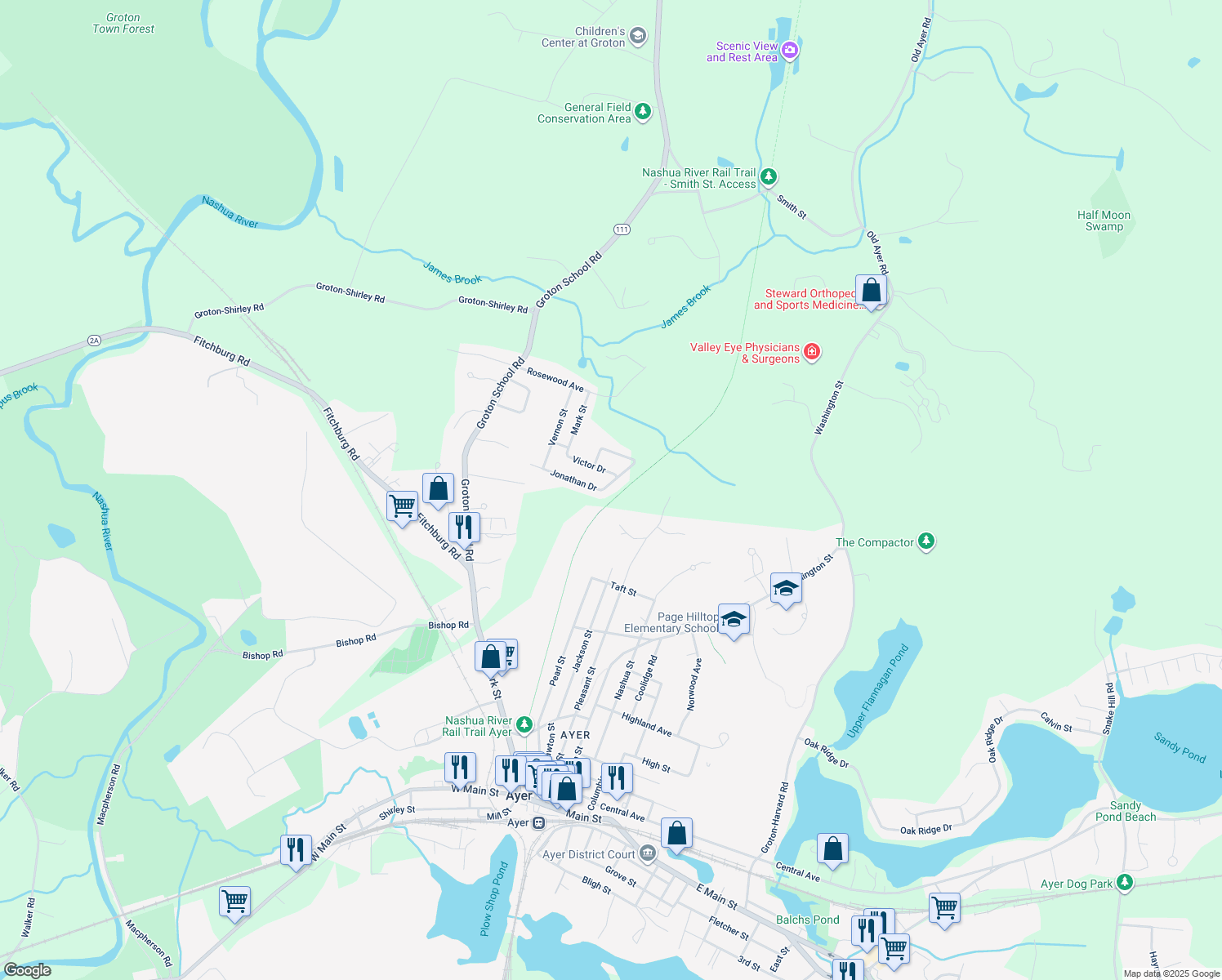 map of restaurants, bars, coffee shops, grocery stores, and more near 23 Jonathan Drive in Ayer