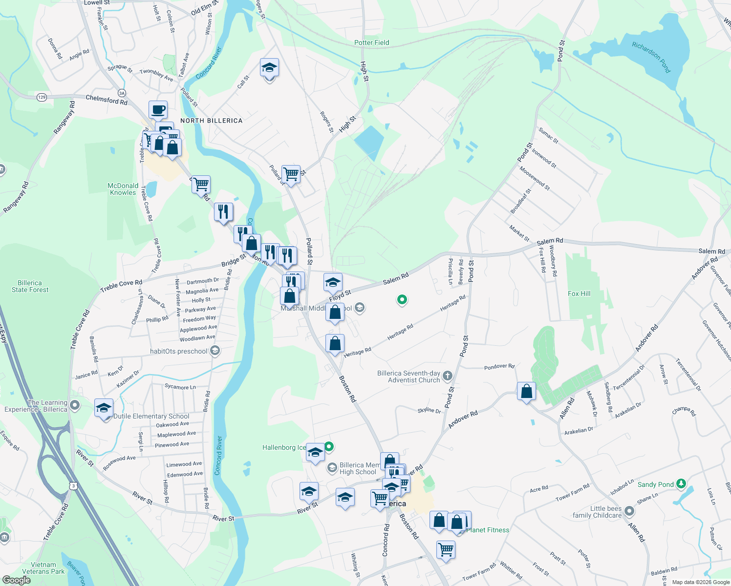 map of restaurants, bars, coffee shops, grocery stores, and more near 23 Floyd Street in Billerica