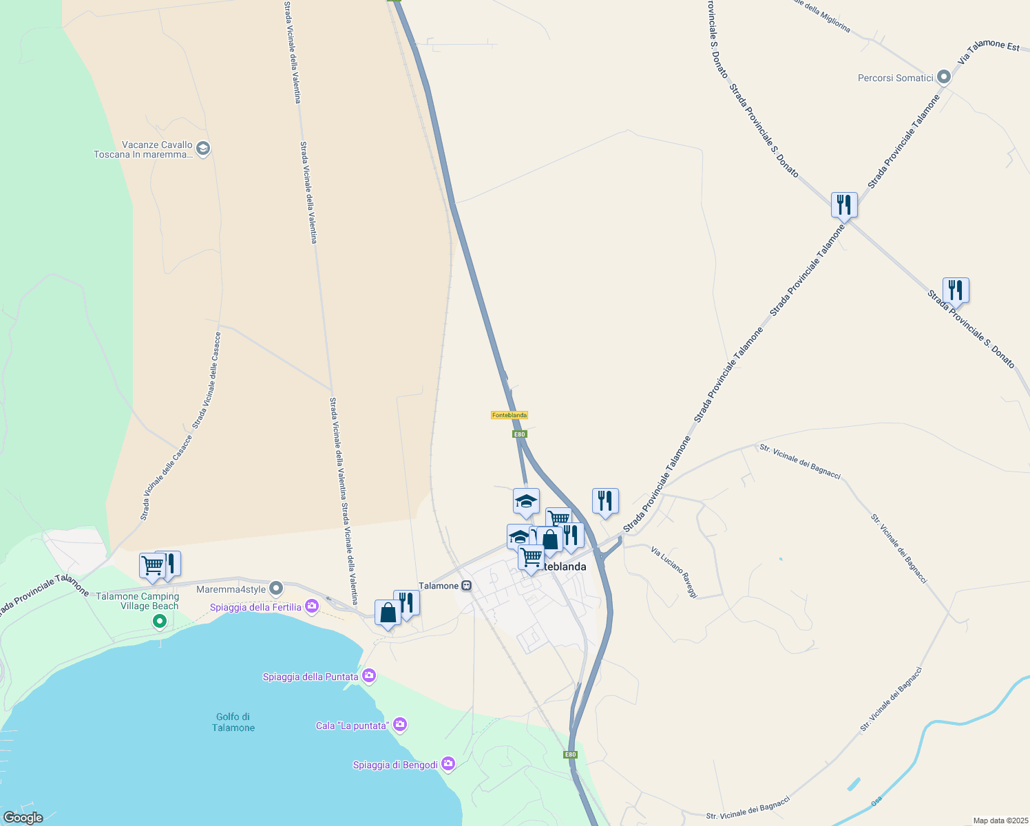 map of restaurants, bars, coffee shops, grocery stores, and more near 2 Strada Statale 1 in Orbetello