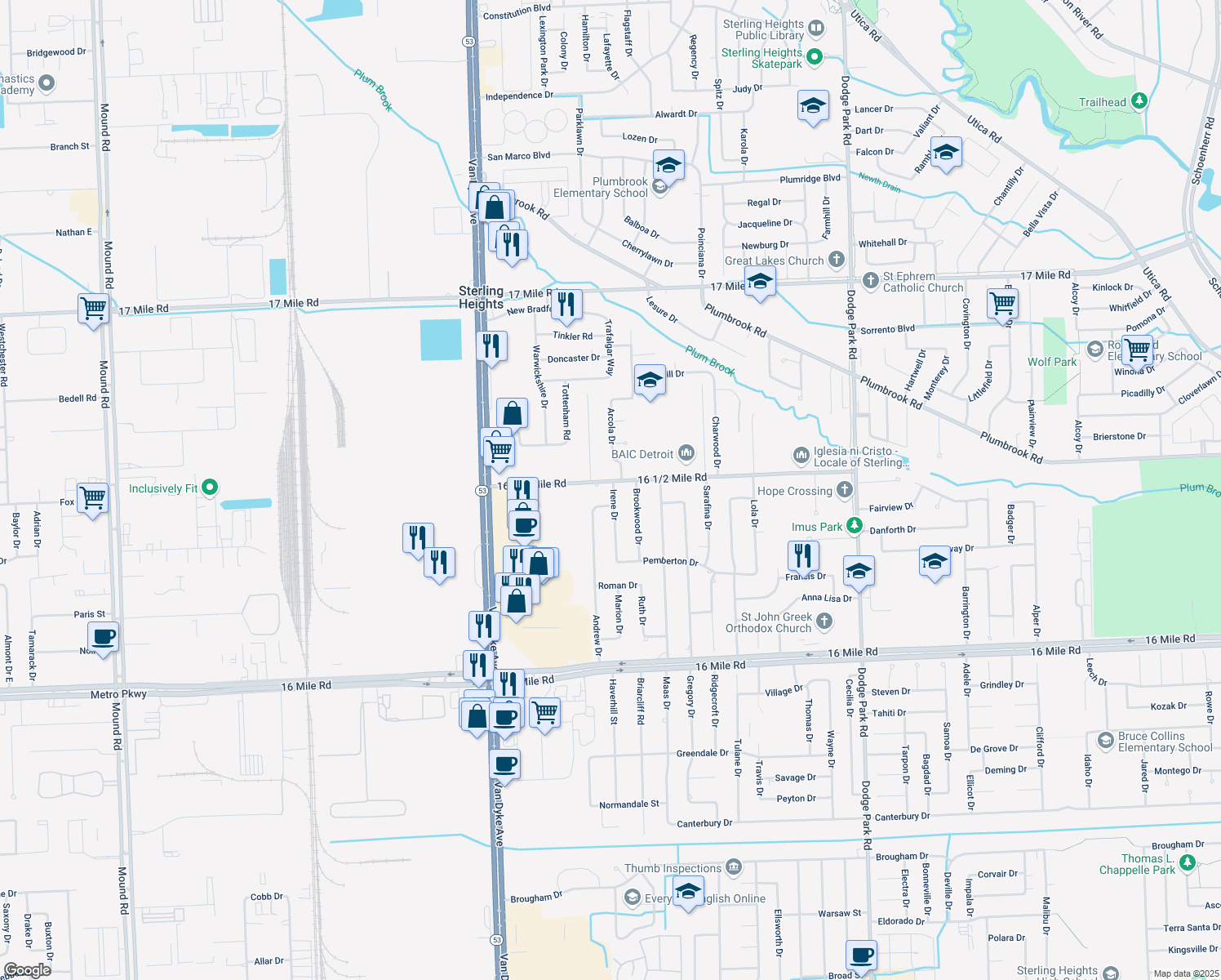 map of restaurants, bars, coffee shops, grocery stores, and more near 8644 16 1/2 Mile Road in Sterling Heights