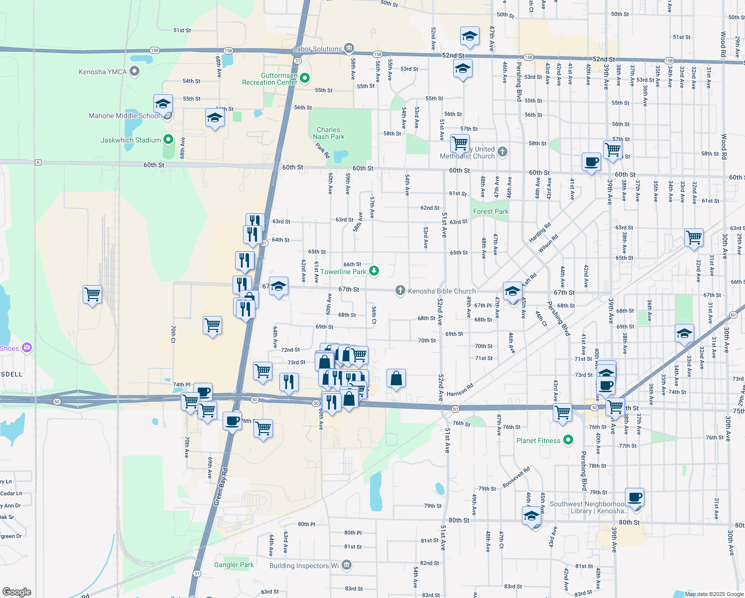 map of restaurants, bars, coffee shops, grocery stores, and more near 5630 67th Place in Kenosha