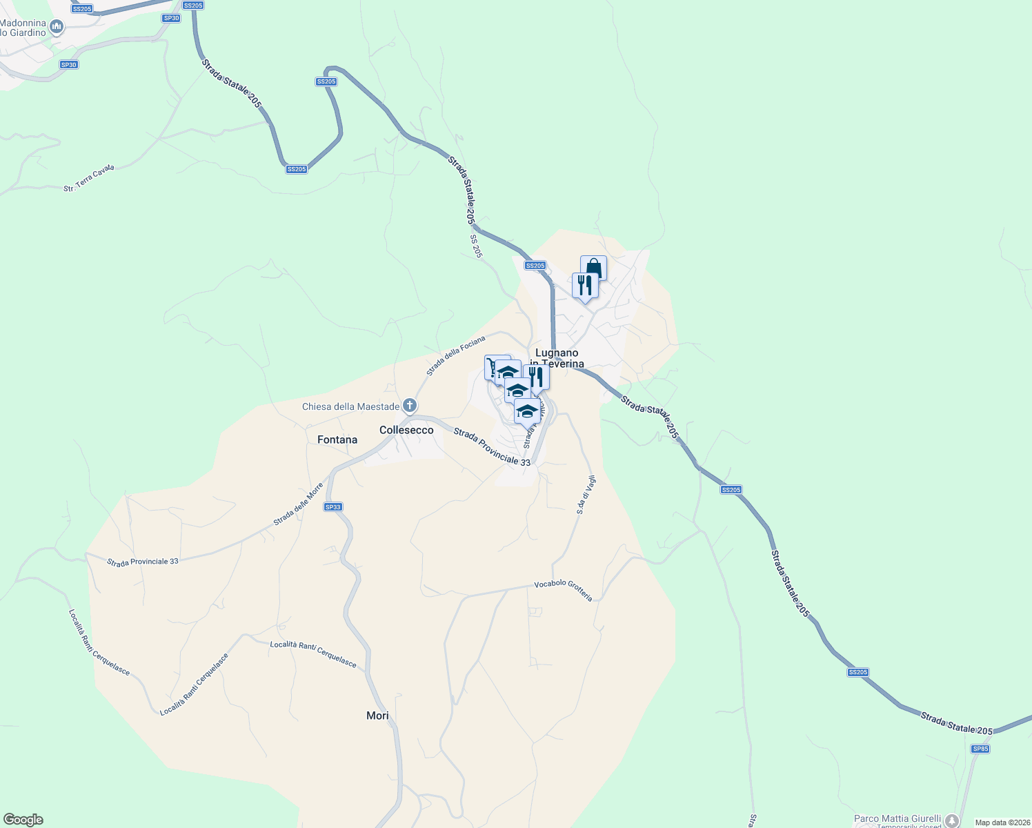 map of restaurants, bars, coffee shops, grocery stores, and more near Strada Provinciale 33 in Lugnano In Teverina