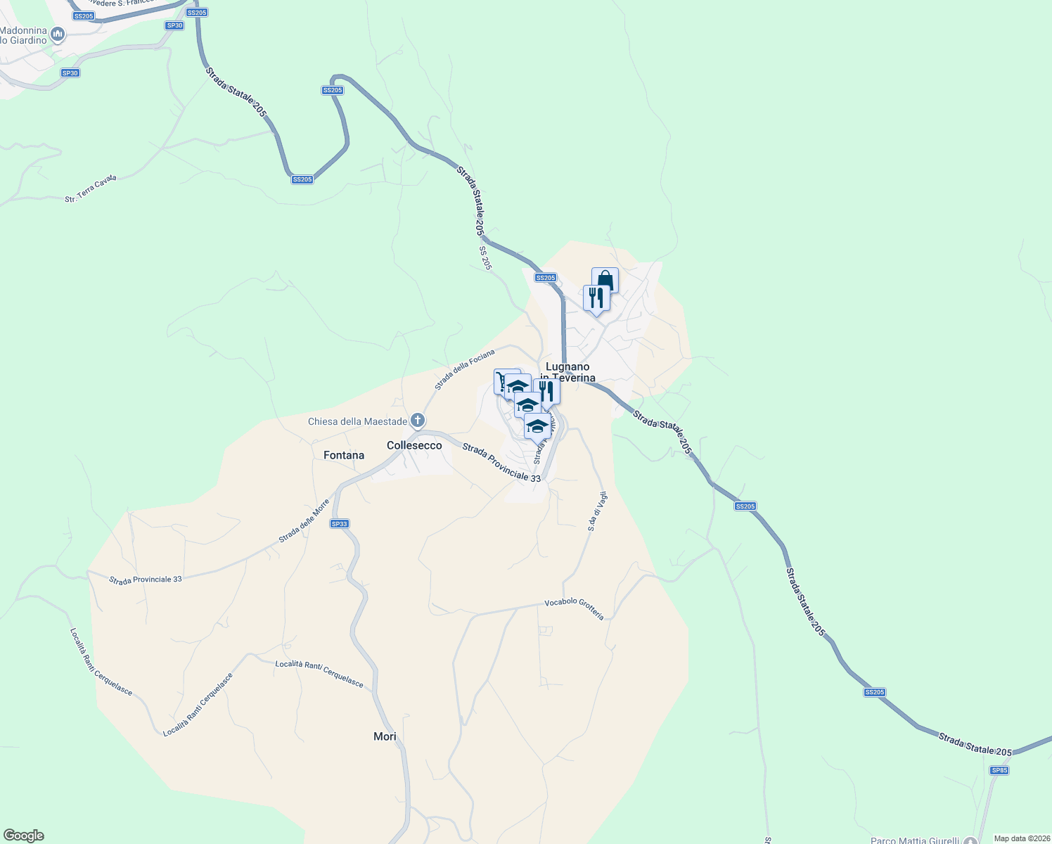 map of restaurants, bars, coffee shops, grocery stores, and more near Strada Provinciale 33 in Lugnano In Teverina