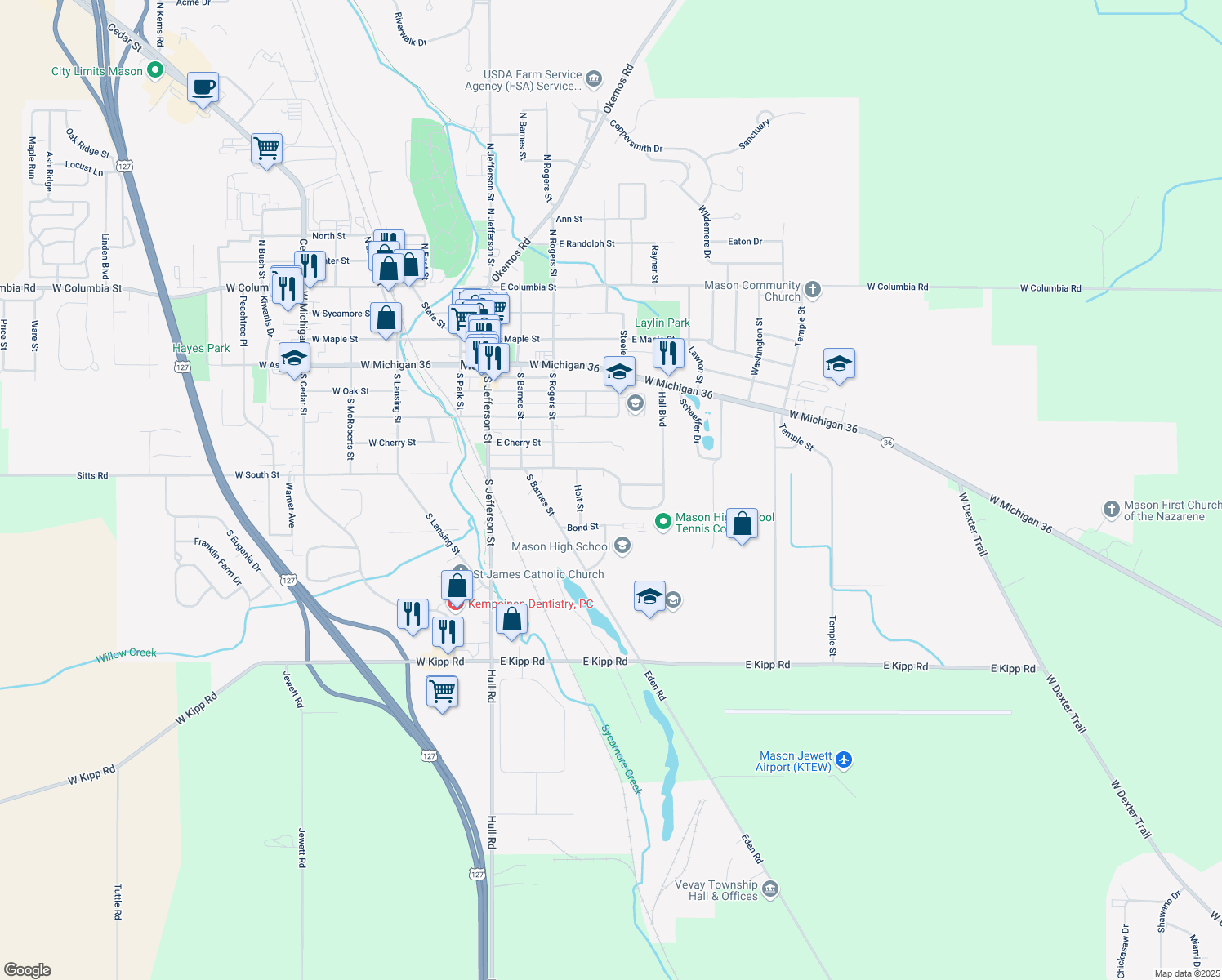 map of restaurants, bars, coffee shops, grocery stores, and more near 500 Vanderveen Dr in Mason