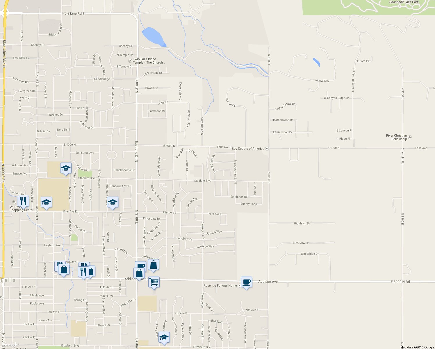 map of restaurants, bars, coffee shops, grocery stores, and more near 728 Morning Sun Drive in Twin Falls