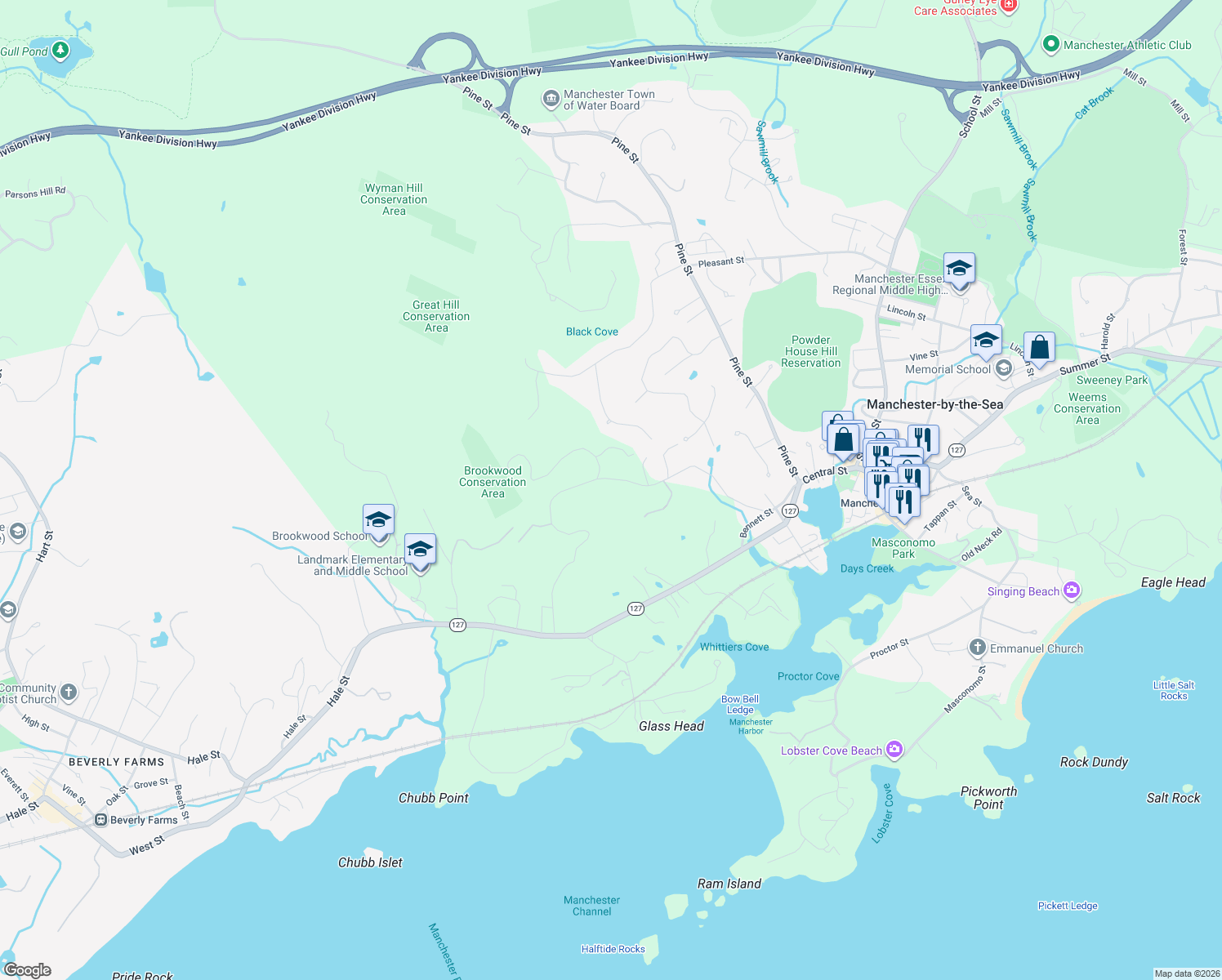 map of restaurants, bars, coffee shops, grocery stores, and more near 37 Forster Road in Manchester-by-the-Sea