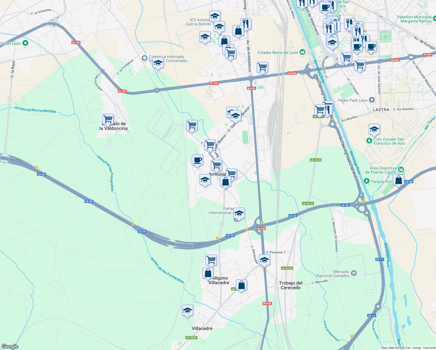 map of restaurants, bars, coffee shops, grocery stores, and more near 4D Plaza Iglesia in León