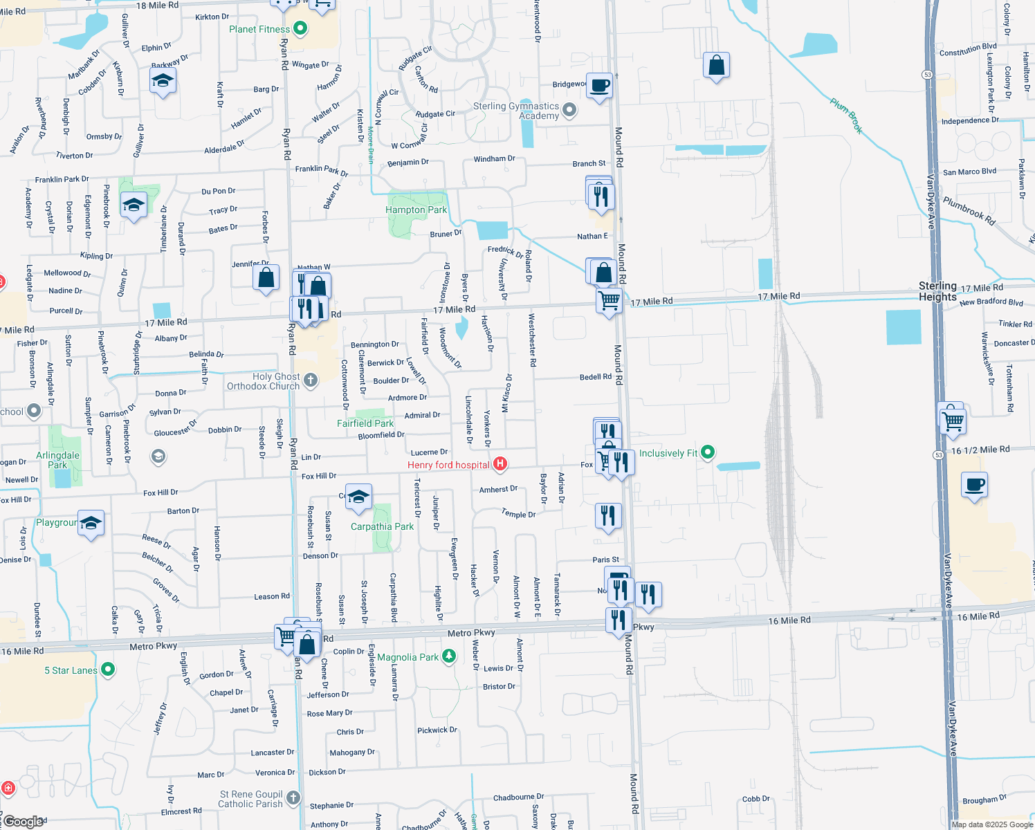 map of restaurants, bars, coffee shops, grocery stores, and more near 5231 Croton Drive in Sterling Heights