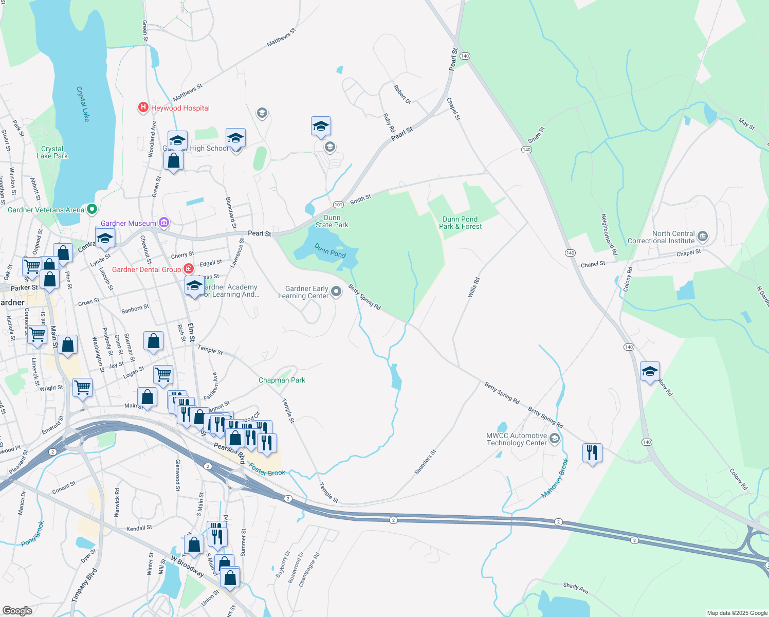 map of restaurants, bars, coffee shops, grocery stores, and more near 193 Betty Spring Road in Gardner