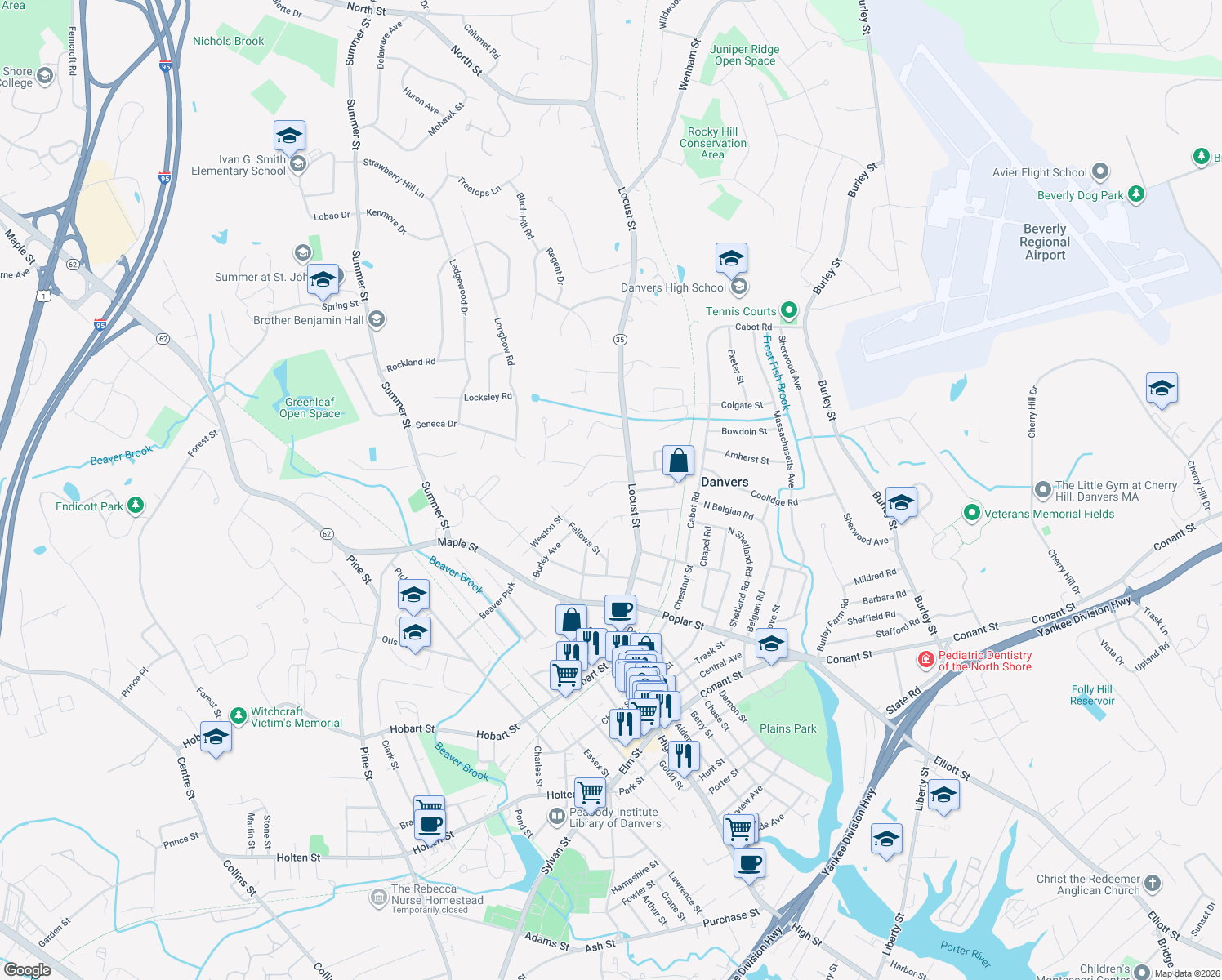 map of restaurants, bars, coffee shops, grocery stores, and more near 4 Drummond Court in Danvers