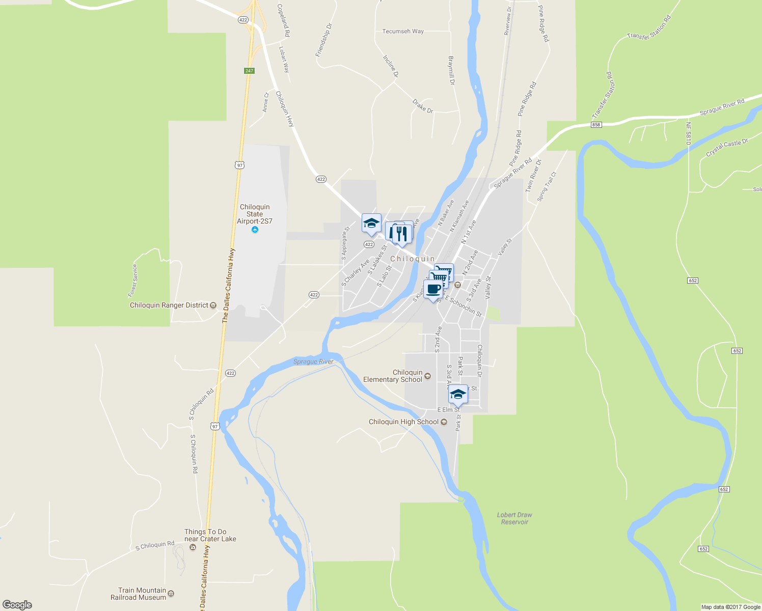 map of restaurants, bars, coffee shops, grocery stores, and more near 328 South Wasco Avenue in Chiloquin