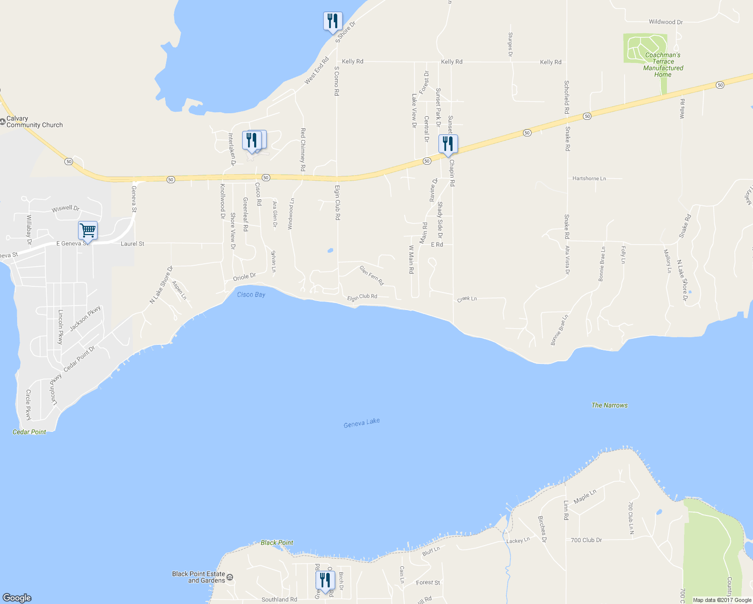 map of restaurants, bars, coffee shops, grocery stores, and more near W4033 Elgin Club Rd in Lake Geneva