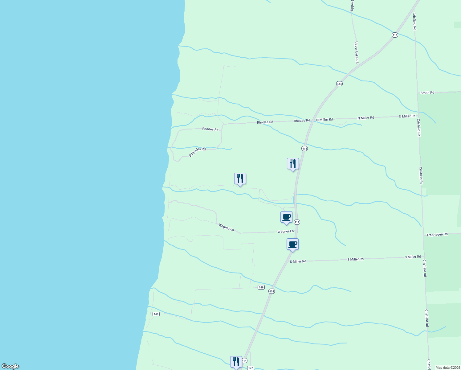 map of restaurants, bars, coffee shops, grocery stores, and more near Lamoreaux Point Road in Lodi