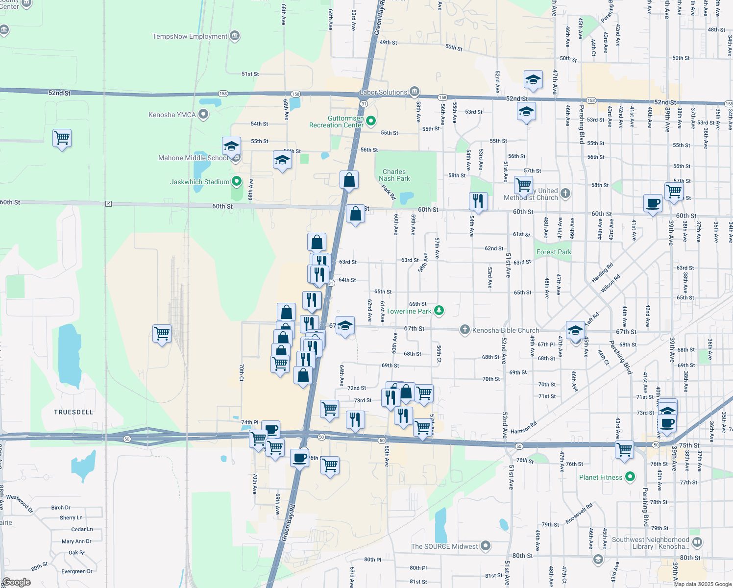 map of restaurants, bars, coffee shops, grocery stores, and more near 6512 62nd Ave in Kenosha