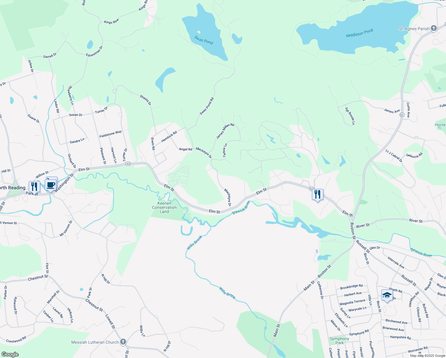map of restaurants, bars, coffee shops, grocery stores, and more near 15 MacIntyre Dr in North Reading