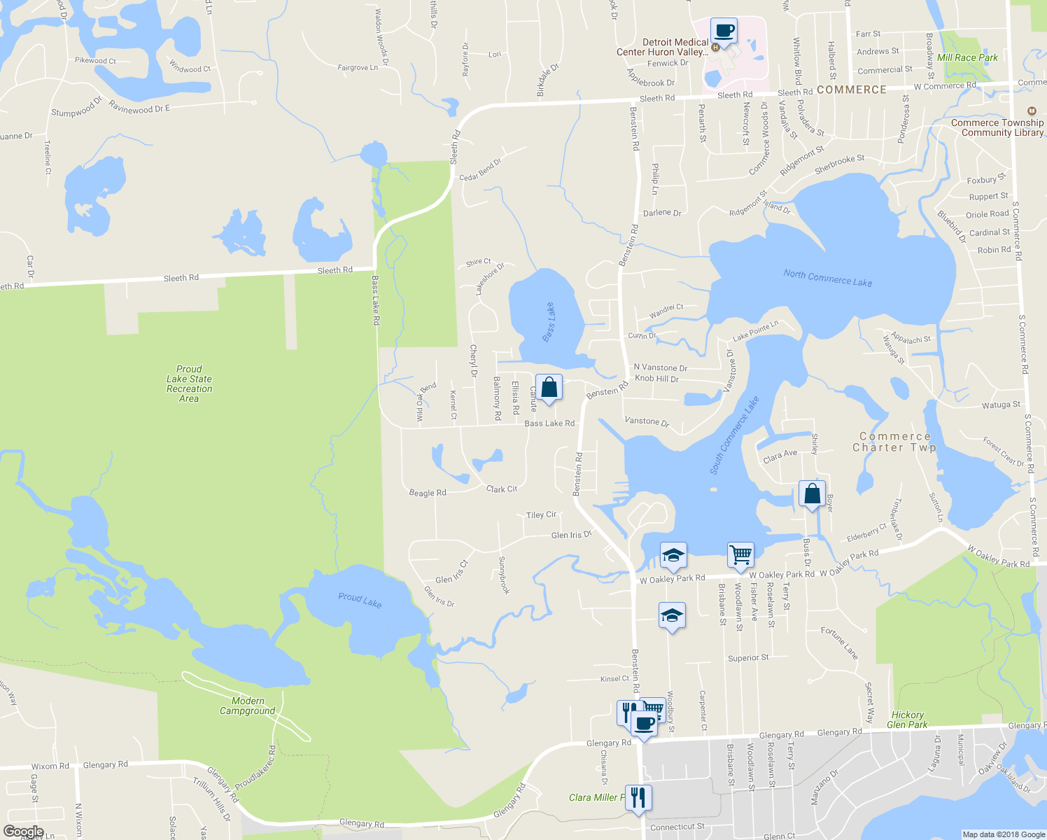 map of restaurants, bars, coffee shops, grocery stores, and more near 3714 Ellisia Road in Commerce Charter Township