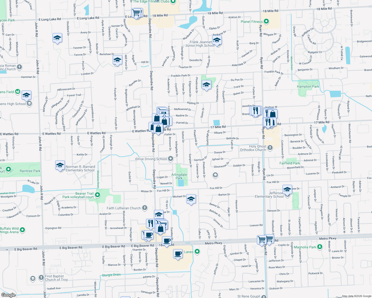 map of restaurants, bars, coffee shops, grocery stores, and more near 38740 Sutton Drive in Sterling Heights