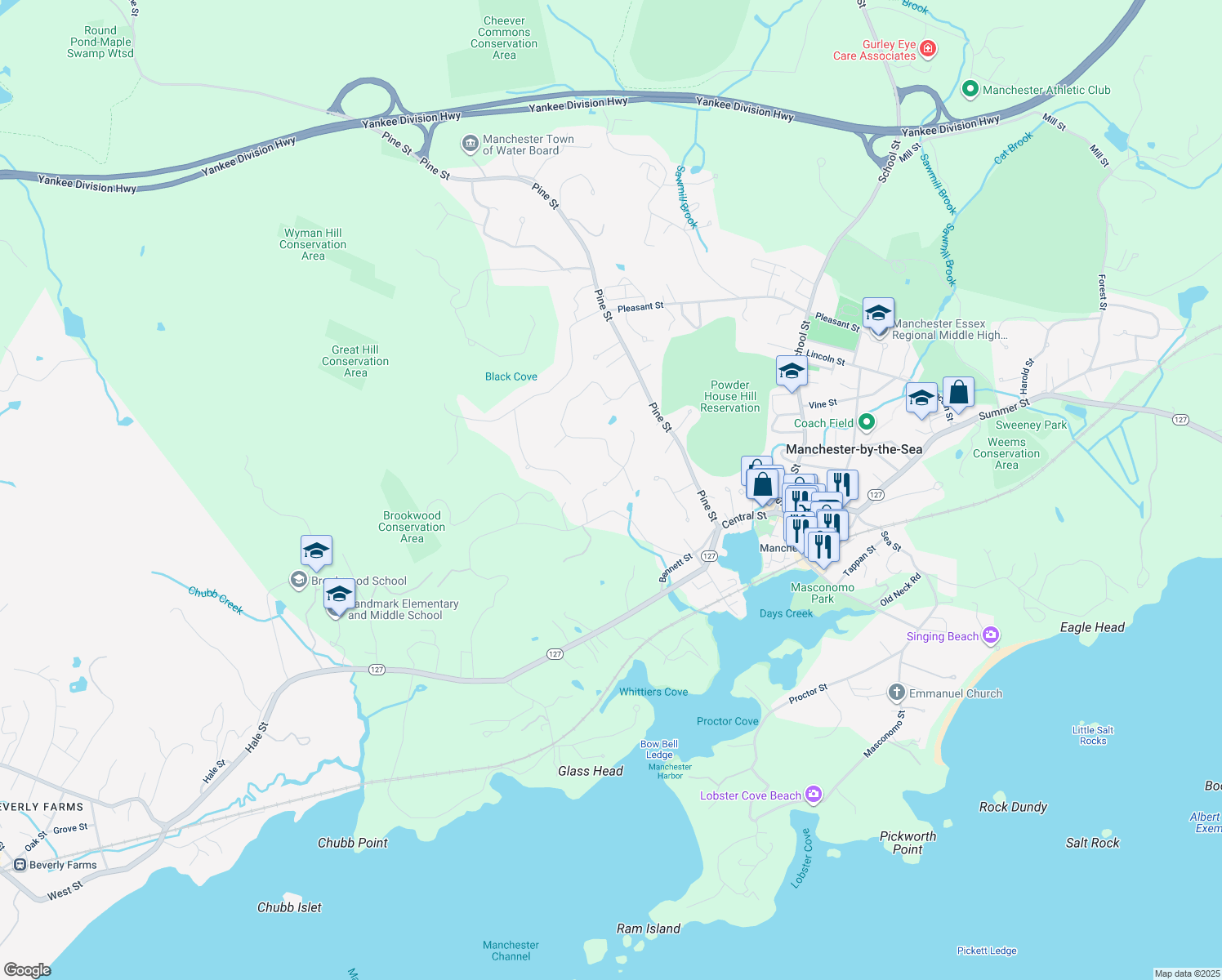 map of restaurants, bars, coffee shops, grocery stores, and more near 7 Woodcrest Road in Manchester-by-the-Sea