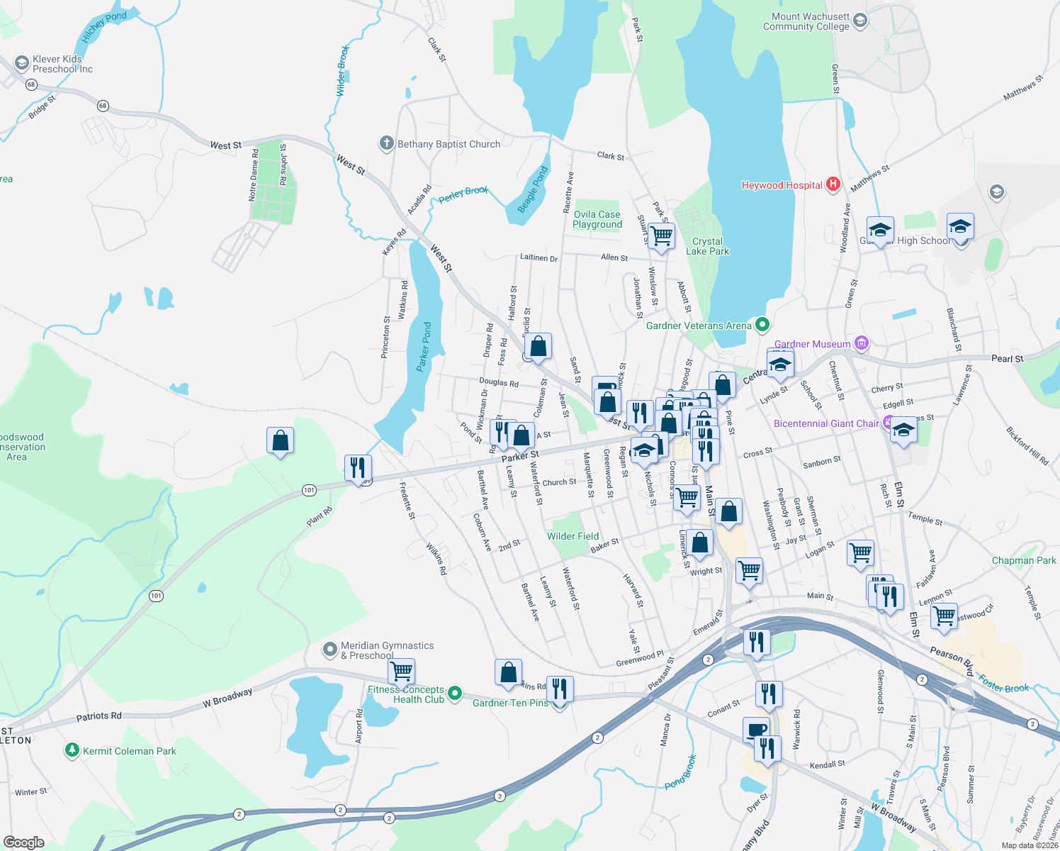 map of restaurants, bars, coffee shops, grocery stores, and more near 75 Coleman St in Gardner