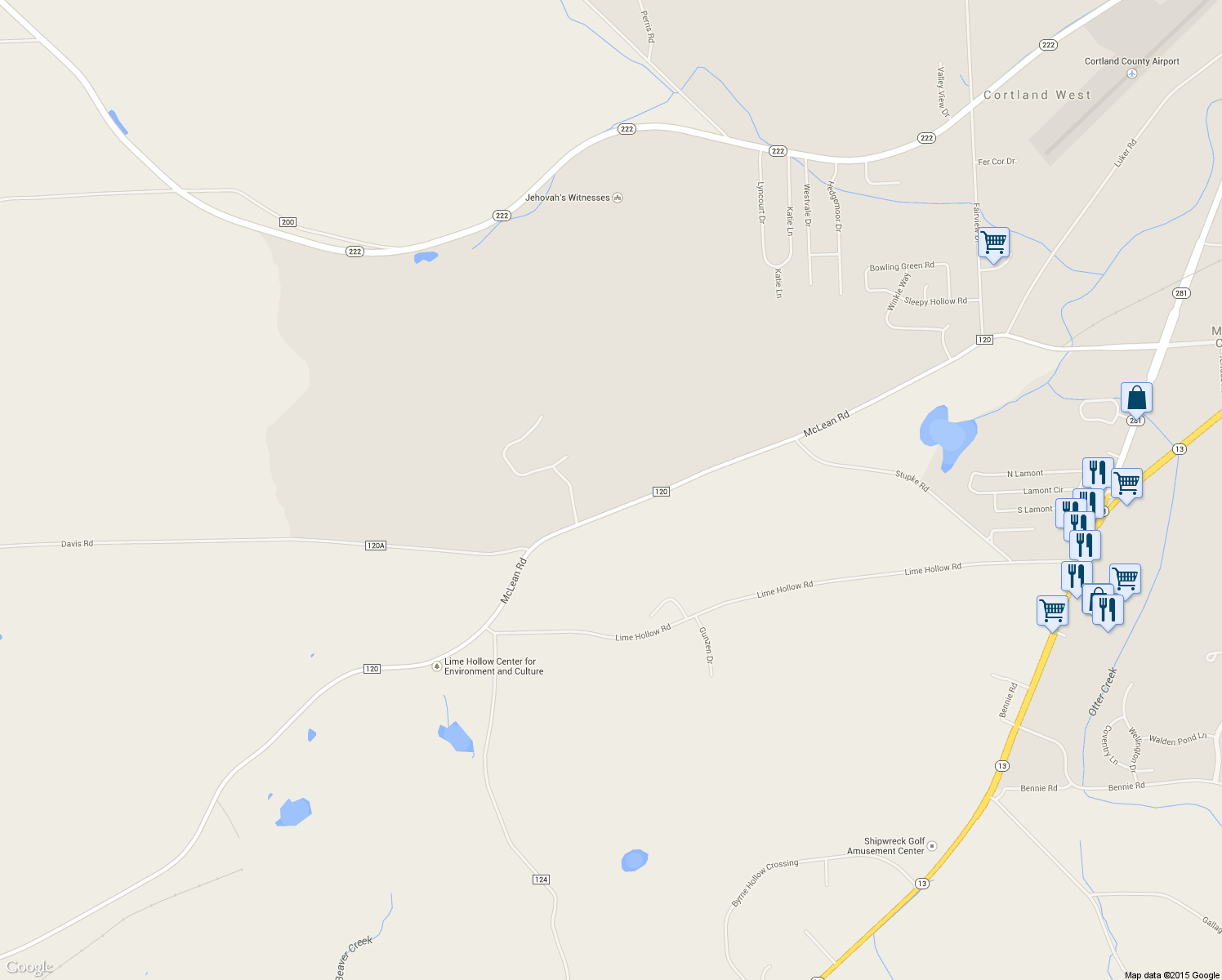 map of restaurants, bars, coffee shops, grocery stores, and more near 509 McLean Road in Cortland